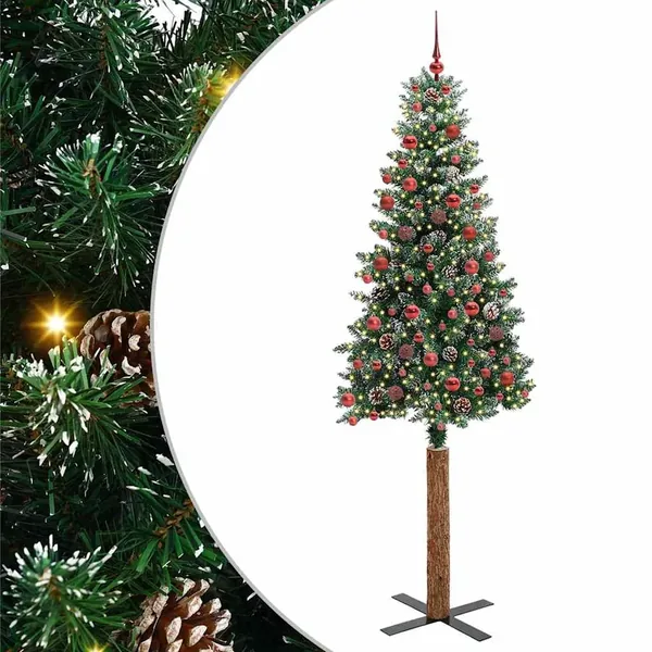 Sapin de Noël mince Vert 210 cm PVC et bois de pin massif