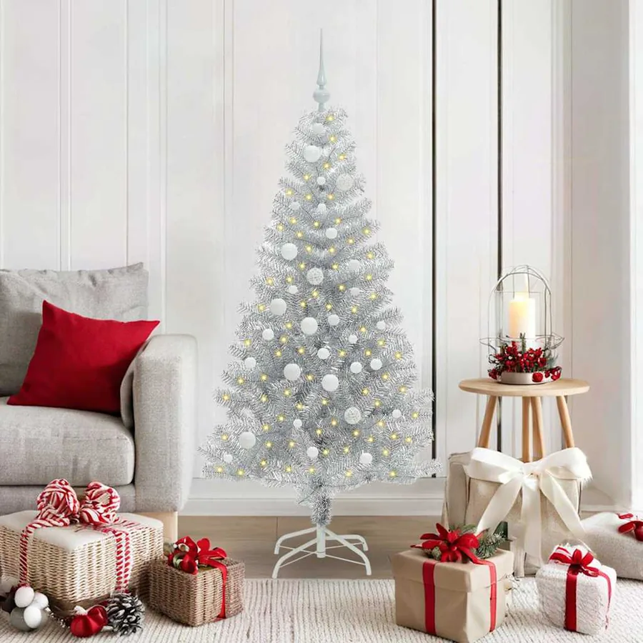 Sapin de Noël avec 150 LED avec support Argent 150 cm PET