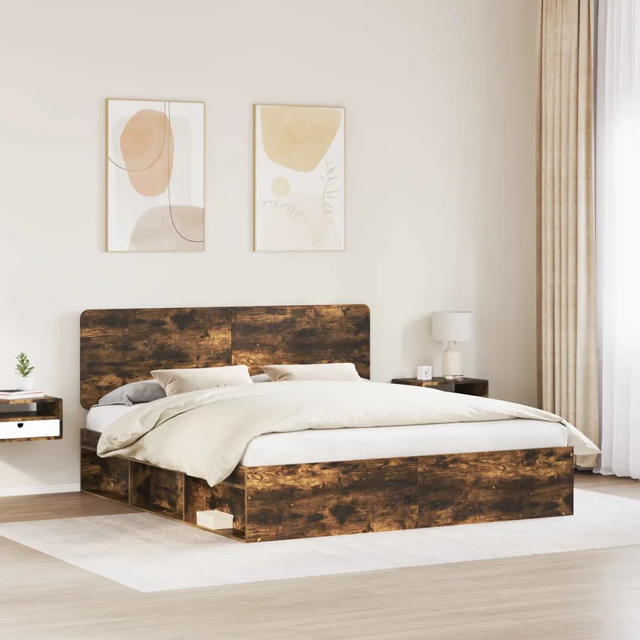 Cadre de lit Chêne fumé 200 x 200 cm Pin massif - 3