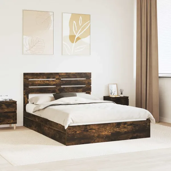 Lit de Rangement Chêne fumé 160 x 200 cm Bois d'ingénierie