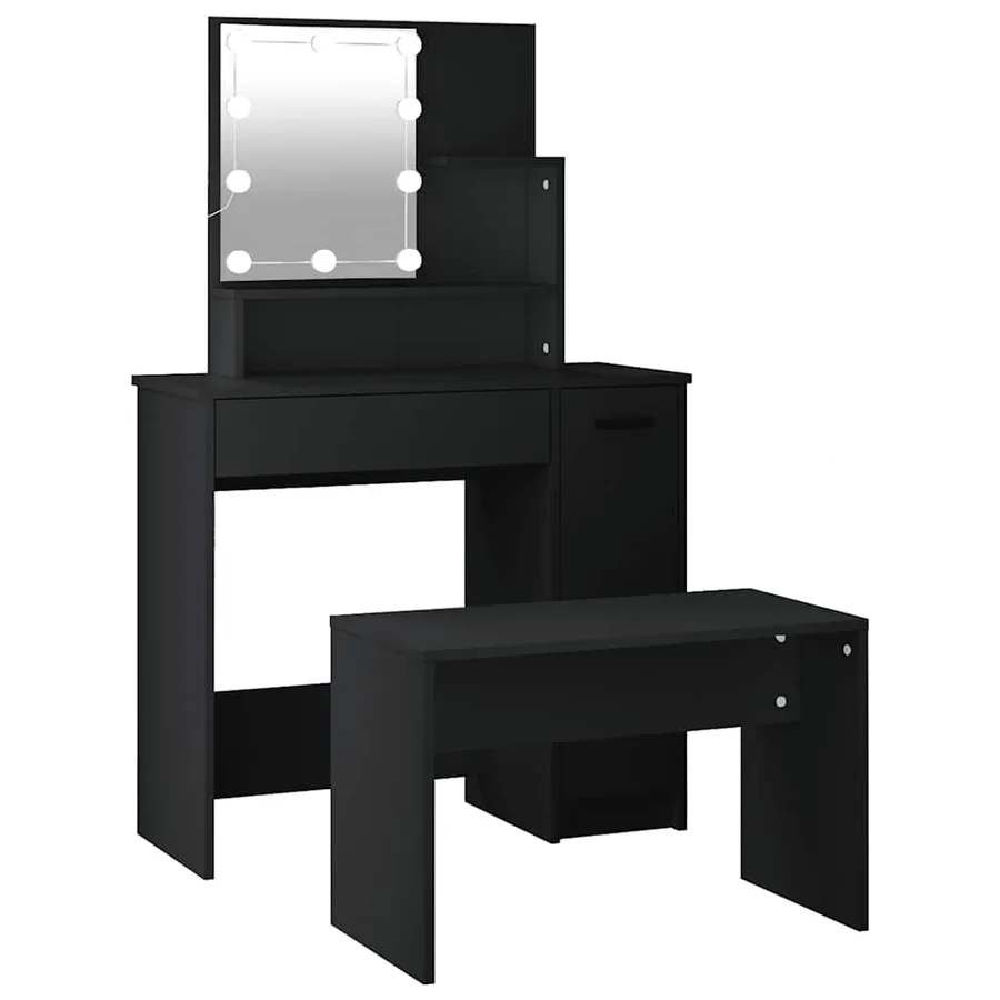 Ensemble de coiffeuse avec LED Noir Bois d'ingénierie - 2