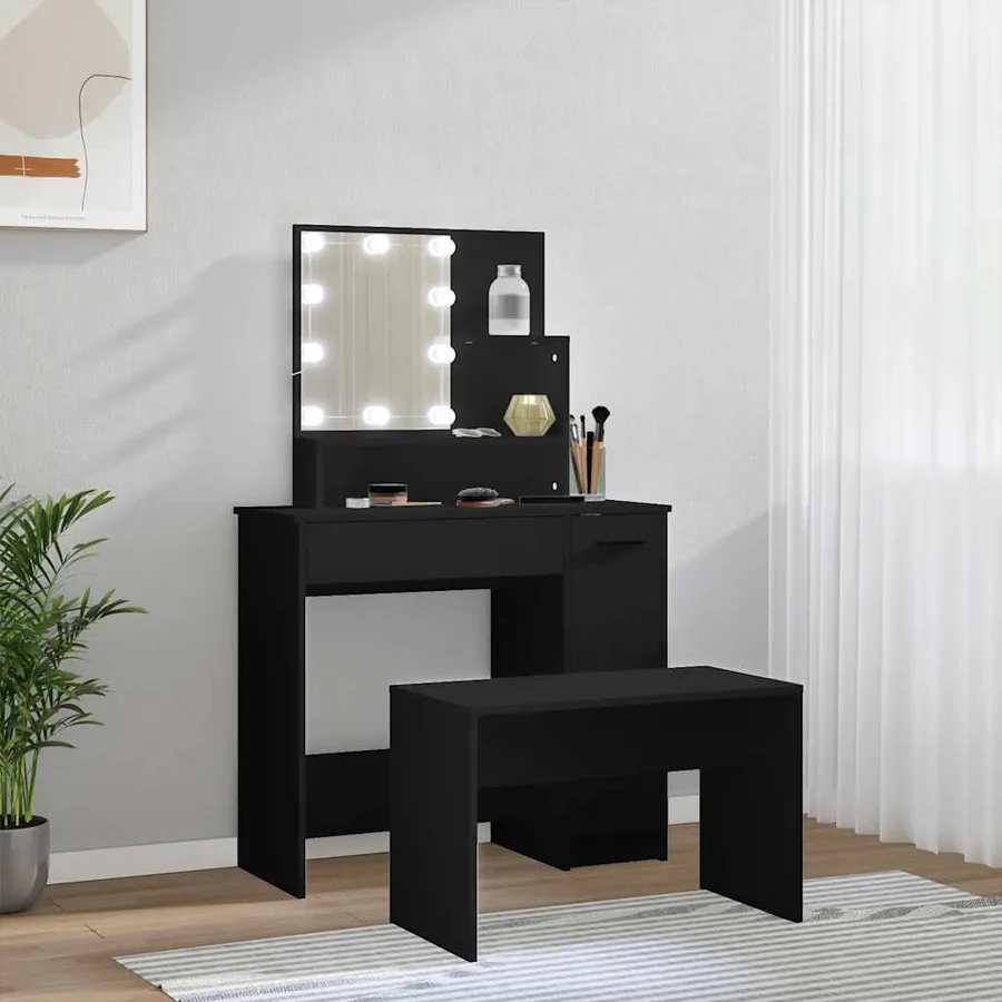 Ensemble de coiffeuse avec LED Noir Bois d'ingénierie - 4