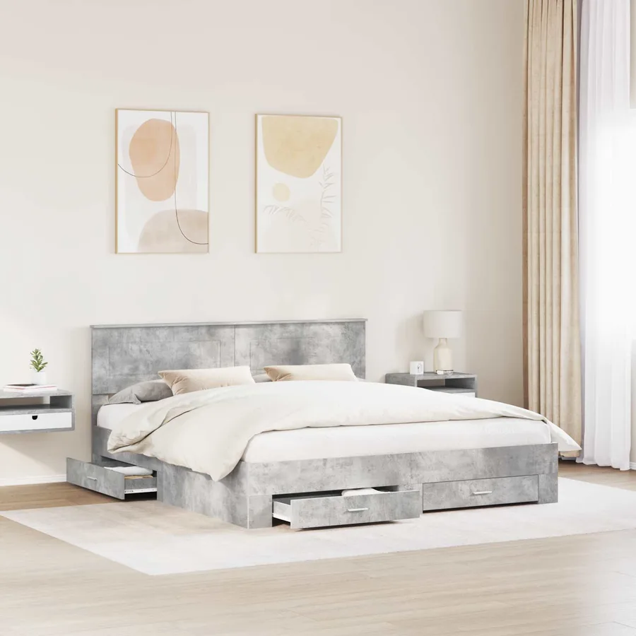 Cadre de lit Gris béton 200 x 200 cm Bois d'ingénierie - 3