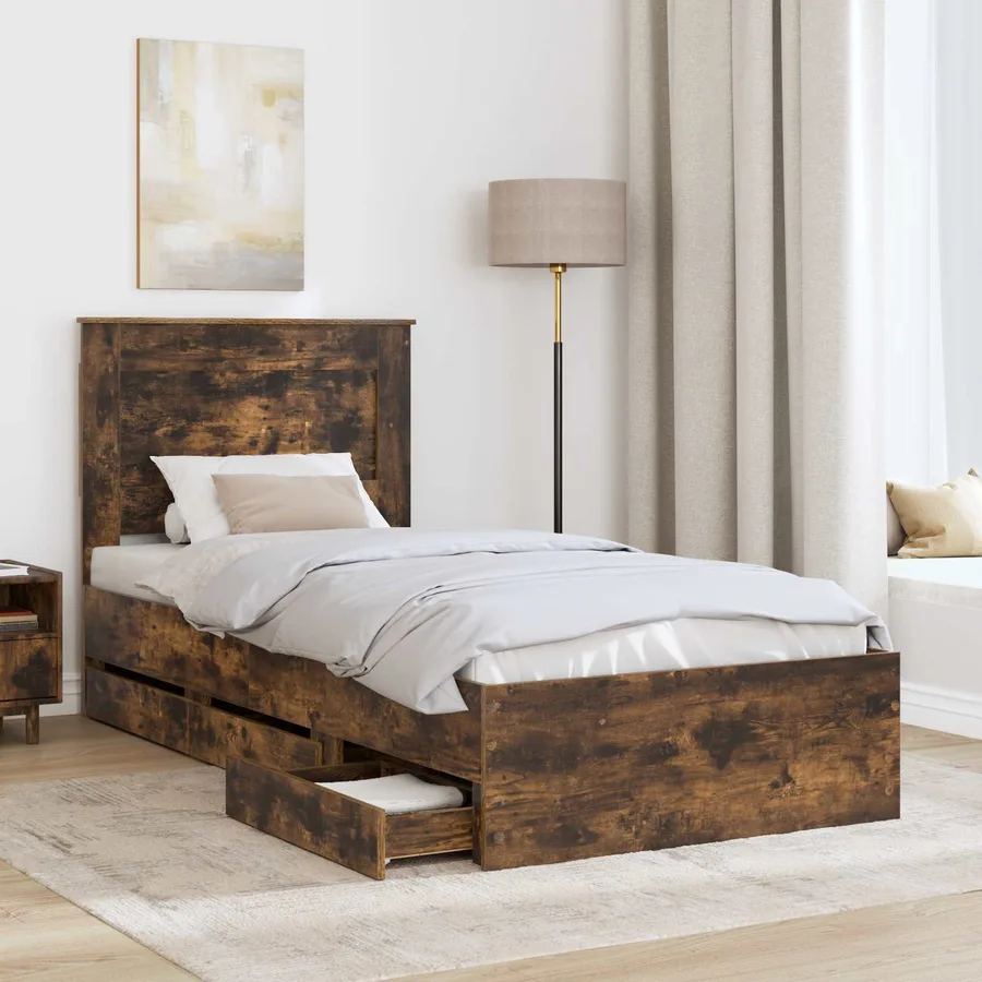 Cadre de lit avec tiroir Chêne fumé 75 x 190 cm Bois Ingénierie - 3