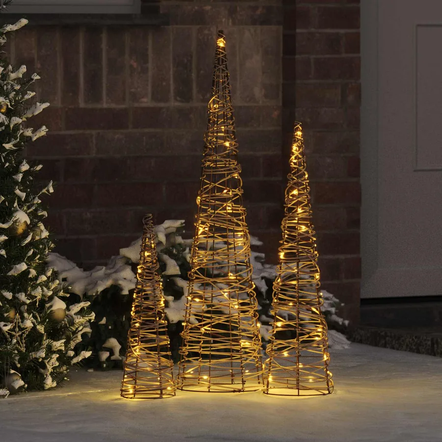 Sapin de Noël 3 pcs Blanc chaud 20 x 20 x 80 cm Rotin