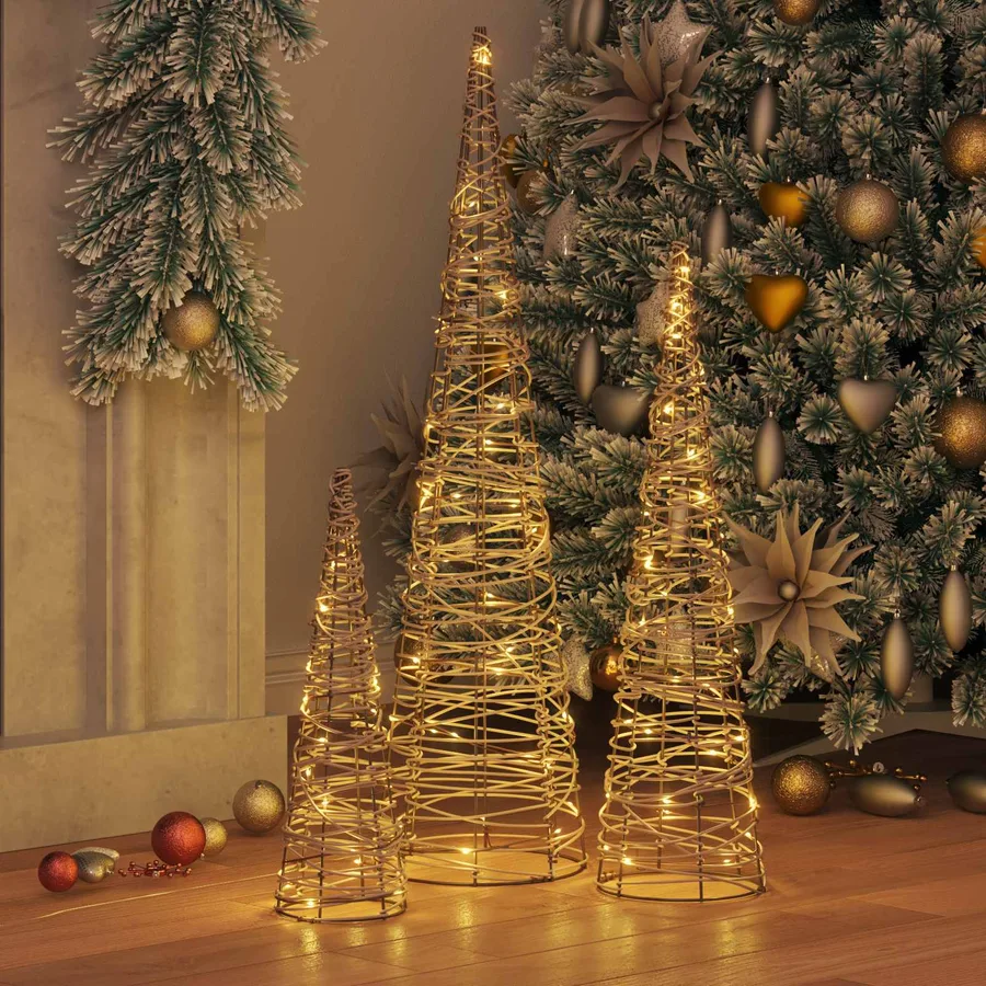 Sapin de Noël 3 pcs Blanc chaud 20 x 20 x 80 cm Rotin - 3