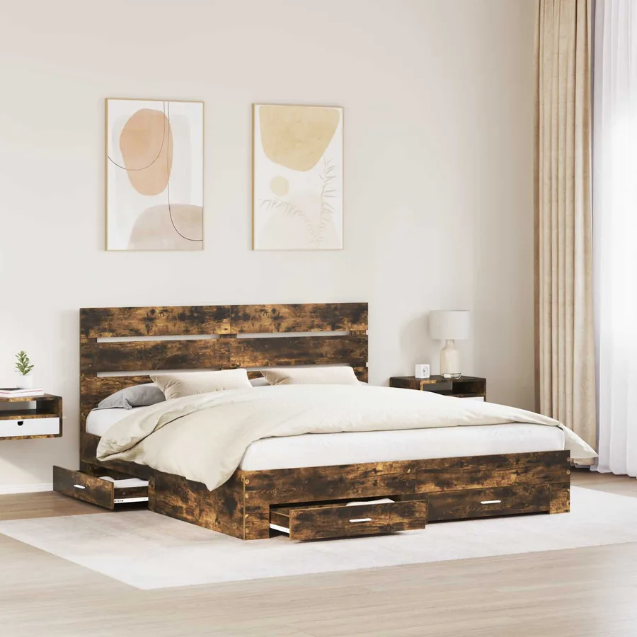 Cadre de lit Chêne fumé 200 x 200 cm Bois d'ingénierie - 3