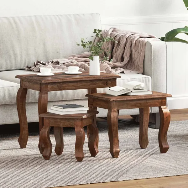 Table Gigogne 3 pcs Marron Bois massif d'acajou
