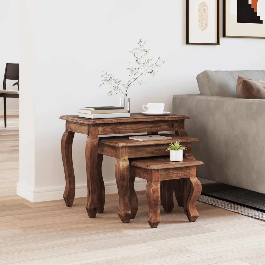Table Gigogne 3 pcs Marron Bois massif d'acajou - 3