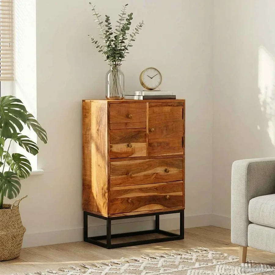 Commode avec porte Naturel 55 x 30 x 90 cm Bois d'Acacia Massif