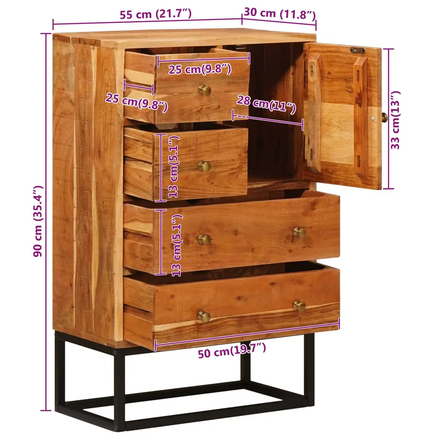 Commode avec porte Naturel 55 x 30 x 90 cm Bois d'Acacia Massif - 16