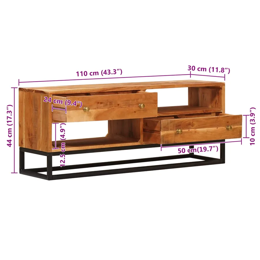 Meuble TV Naturel 110 x 30 x 44 cm Bois d'Acacia Massif - 14