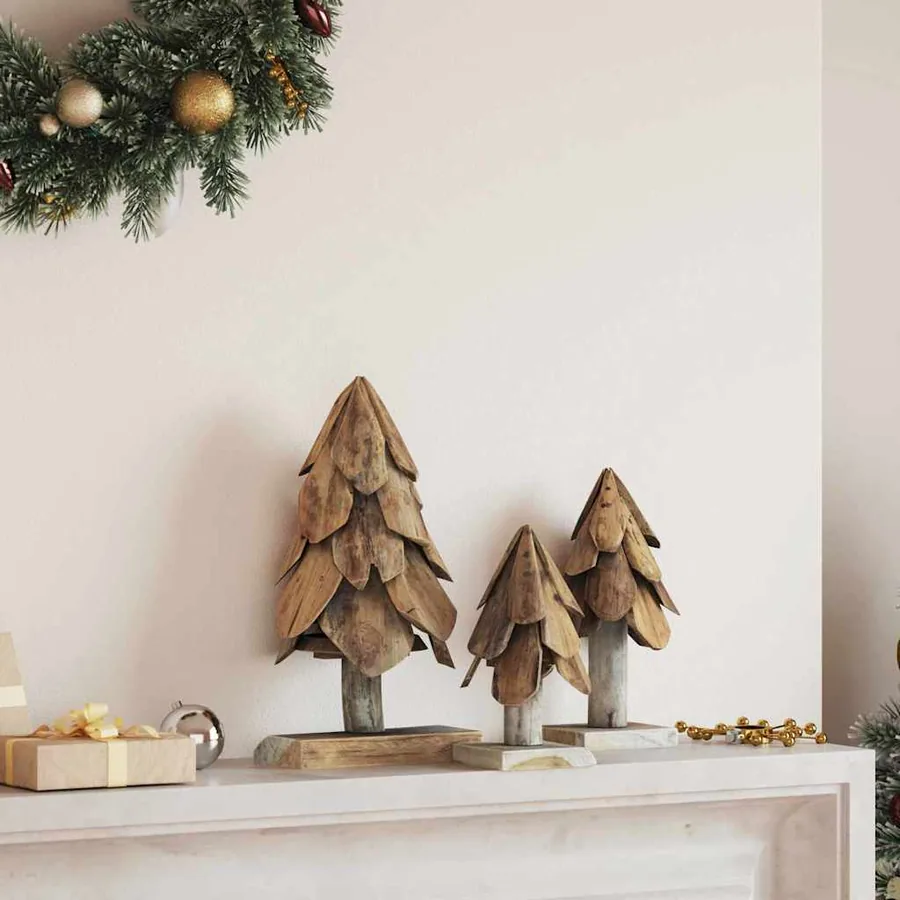 Sapin de Noël avec support 3 pcs Marron Bois de teck solide