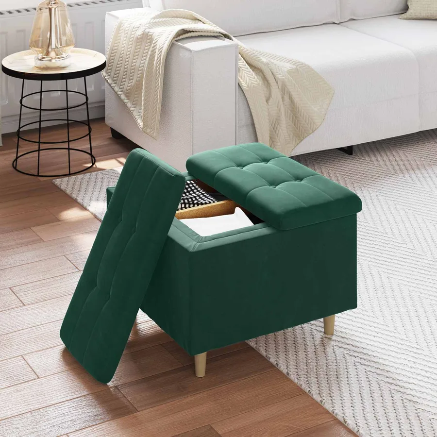 Pouf de rangement Vert foncé 60 x 60 x 45 cm Velours - 4