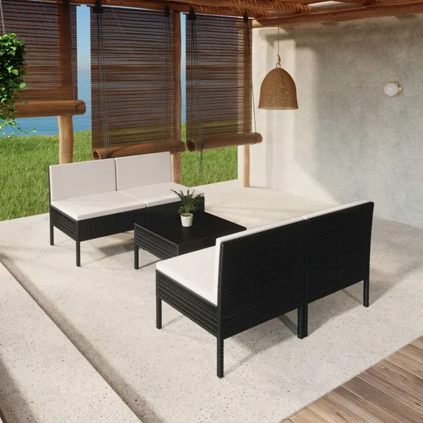 Salon de jardin 5 pcs avec coussins résine tressée noir