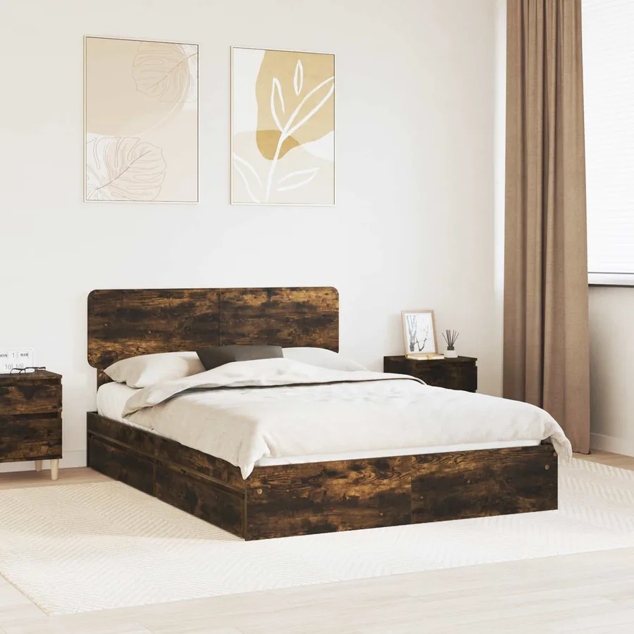 Lit de Rangement Chêne fumé 160 x 200 cm Bois d'ingénierie