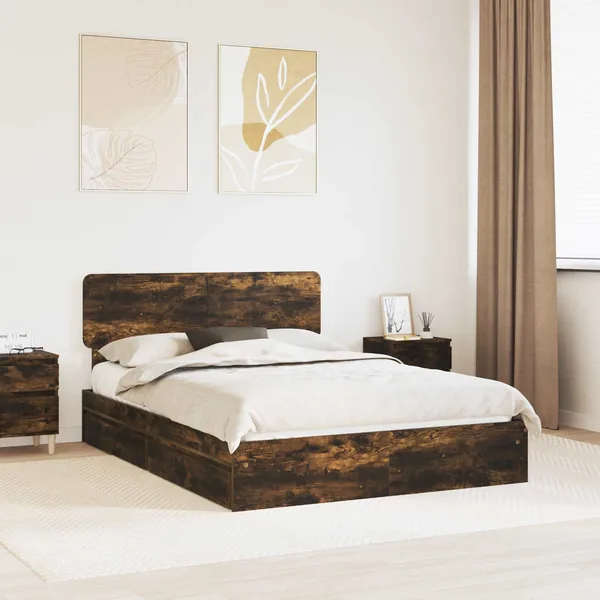 Lit de Rangement Chêne fumé 160 x 200 cm Bois d'ingénierie