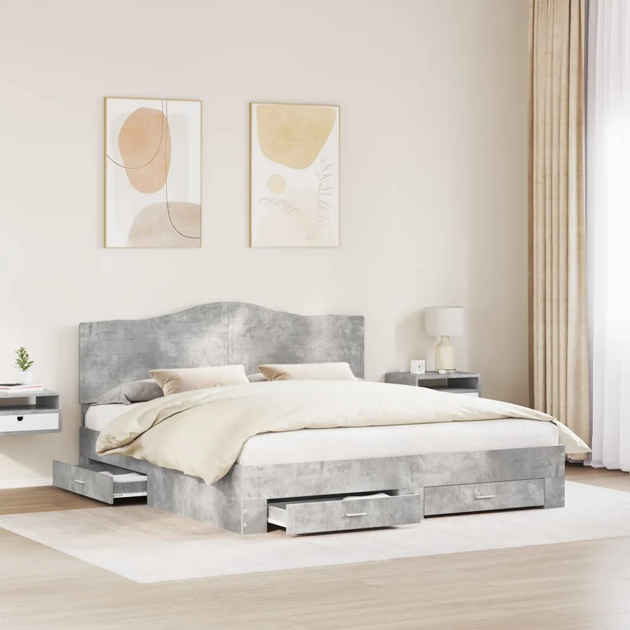 Cadre de lit Gris béton 200 x 200 cm Bois d'ingénierie - 3