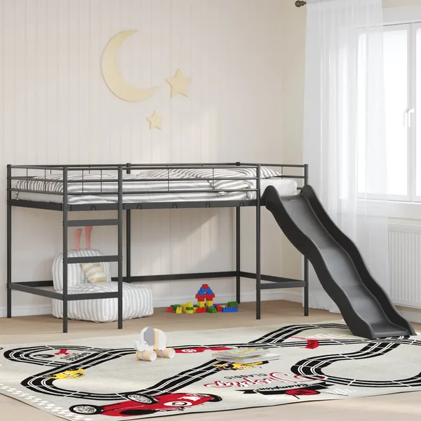 Lit superposé pour enfants avec toboggan Uni Noir et anthracite