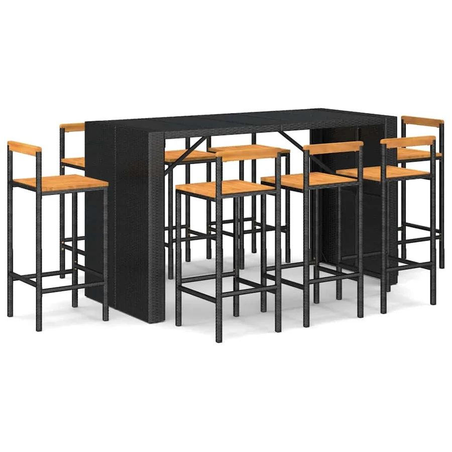 Ensemble de bar jardin 9 pcs noir poly rotin/bois massif acacia - 2