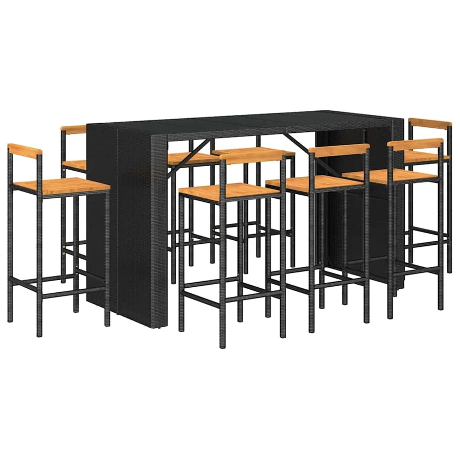 Ensemble de bar jardin 9 pcs noir poly rotin/bois massif acacia - 3