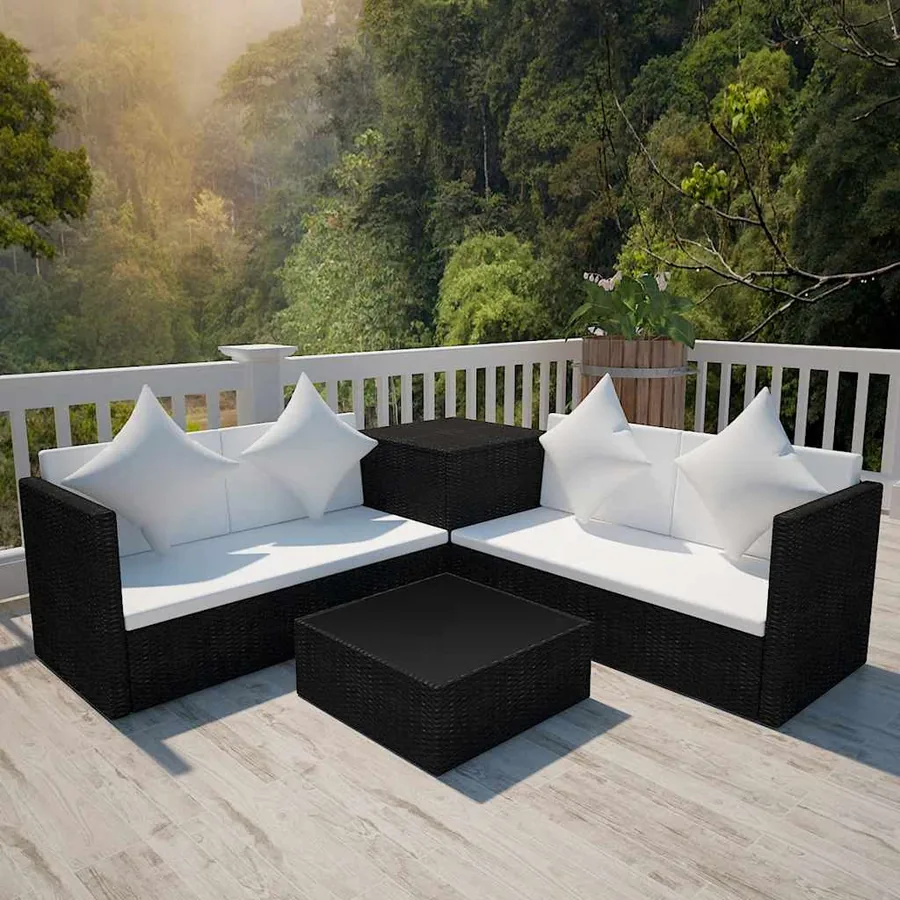 Salon de jardin 4 pcs avec coussins Résine tressée Noir