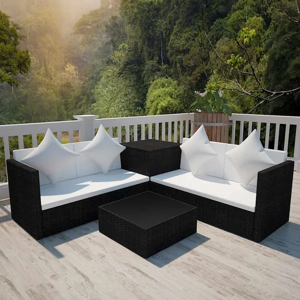 Salon de jardin 4 pcs avec coussins Résine tressée Noir