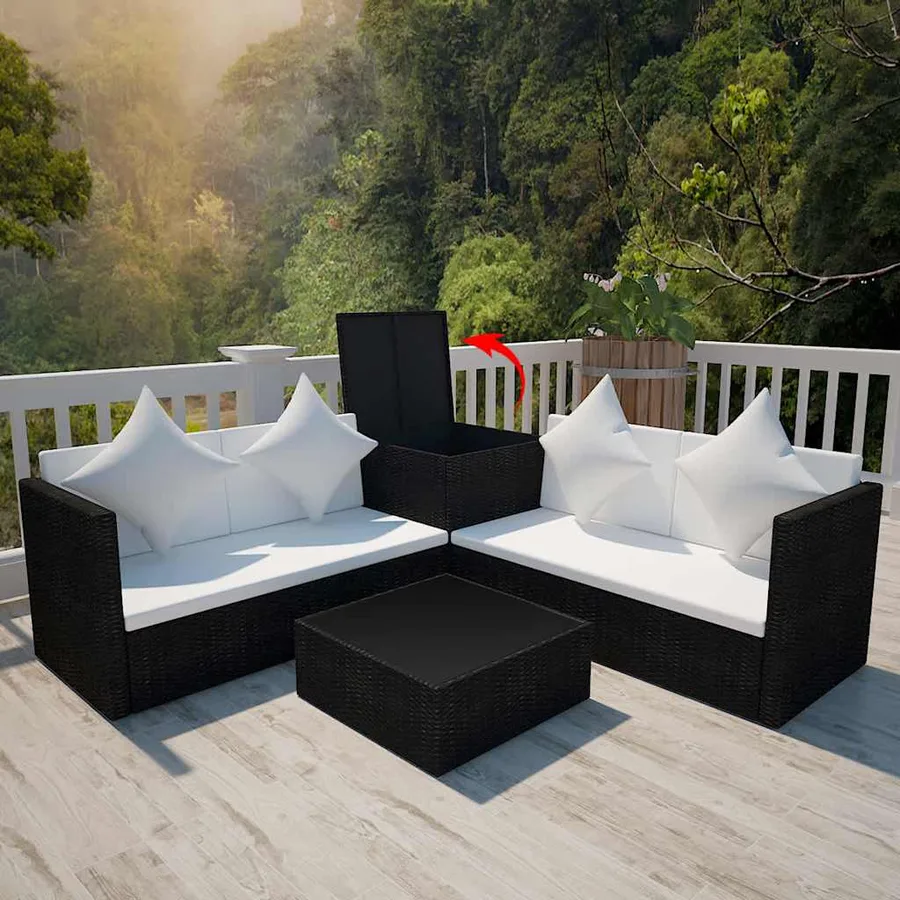 Salon de jardin 4 pcs avec coussins Résine tressée Noir - 3