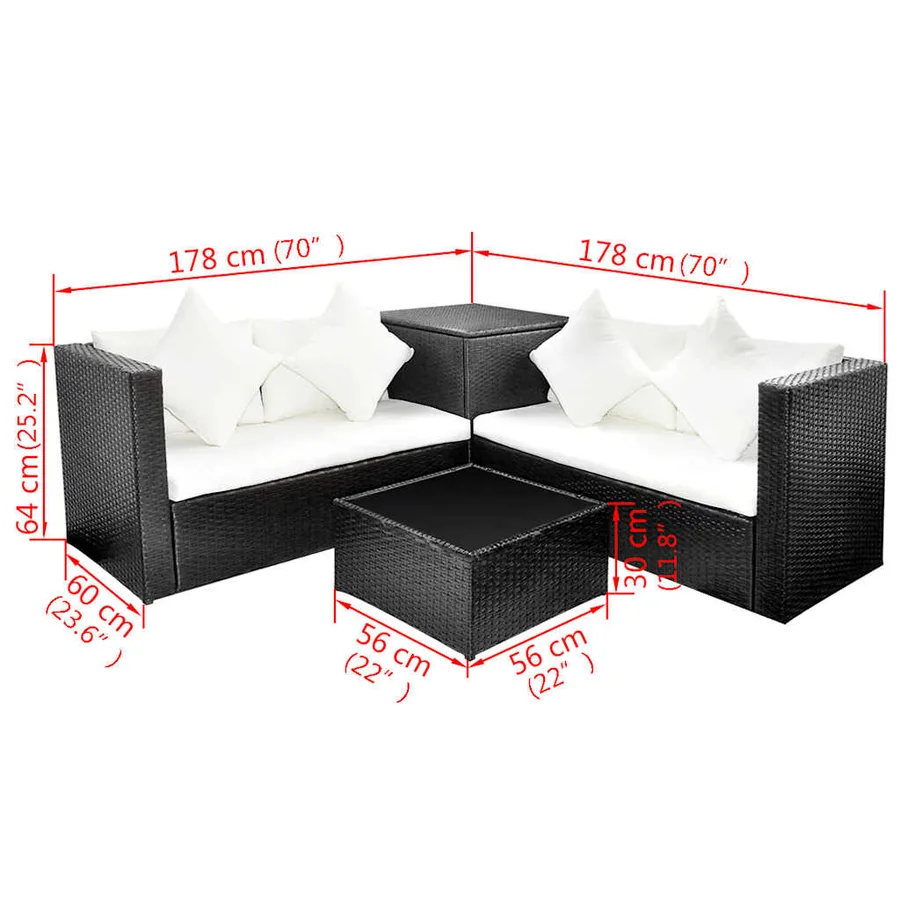 Salon de jardin 4 pcs avec coussins Résine tressée Noir - 6