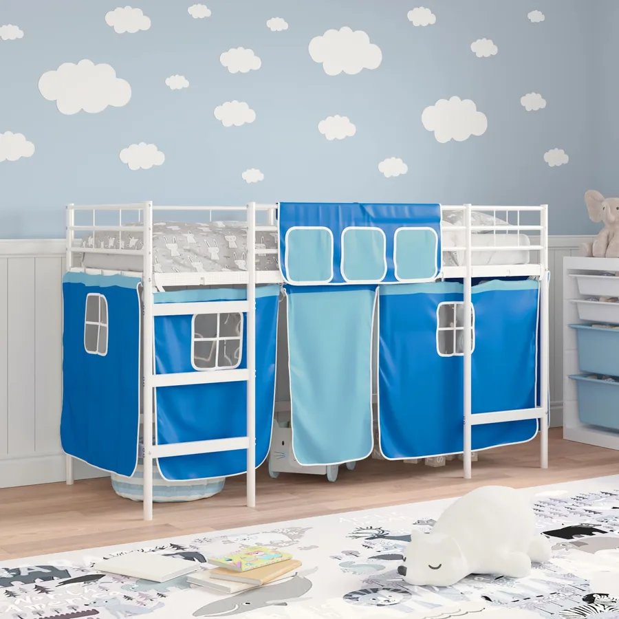 Cadre de Lit Mezzanine pour Enfants avec Rideaux Blanc et Bleu - 3