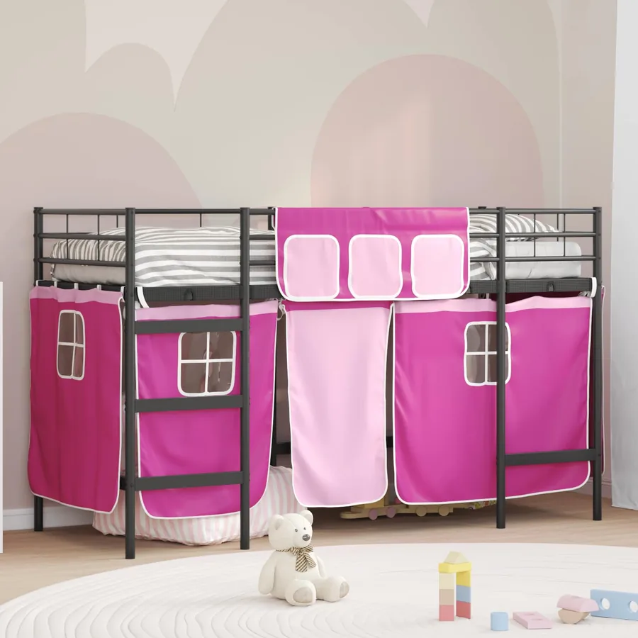 Cadre de Lit Mezzanine pour Enfants avec Rideaux Noir et rose