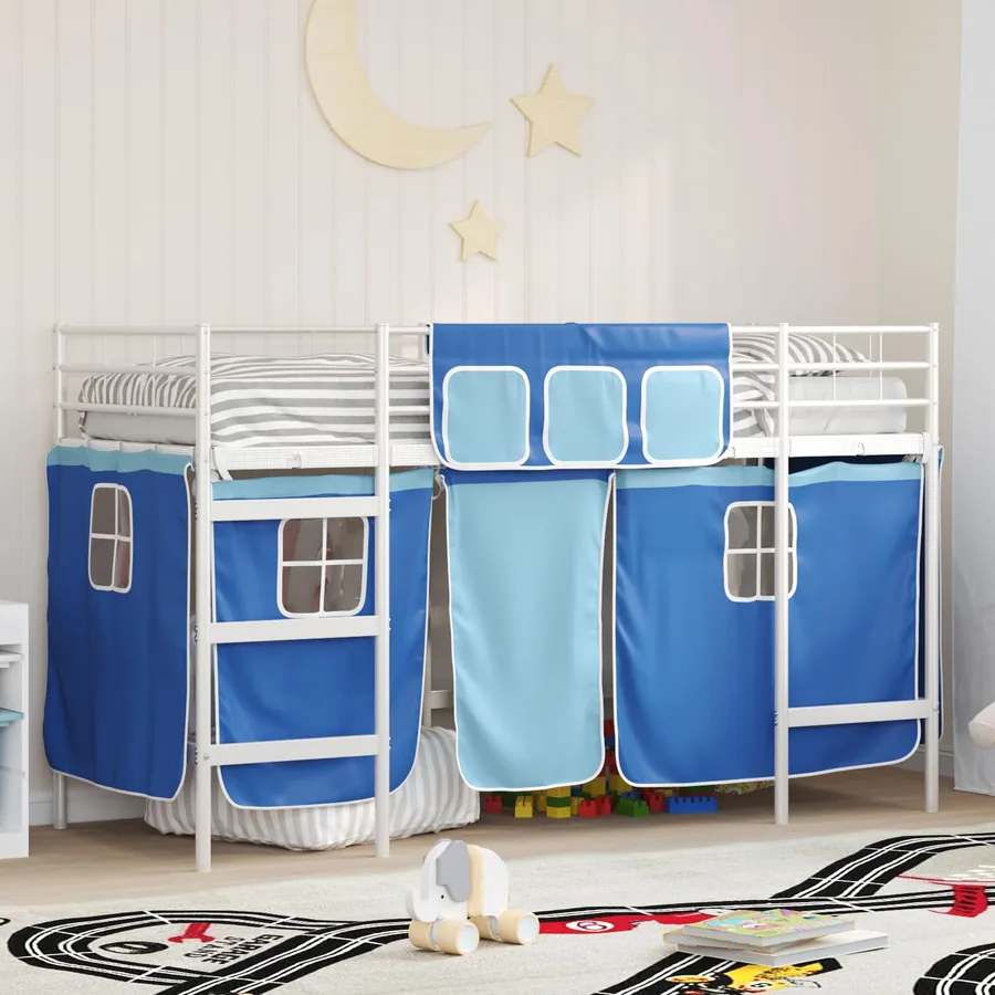 Cadre de Lit Mezzanine pour Enfants avec Rideaux Blanc et Bleu