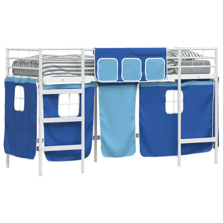 Cadre de Lit Mezzanine pour Enfants avec Rideaux Blanc et Bleu - 2