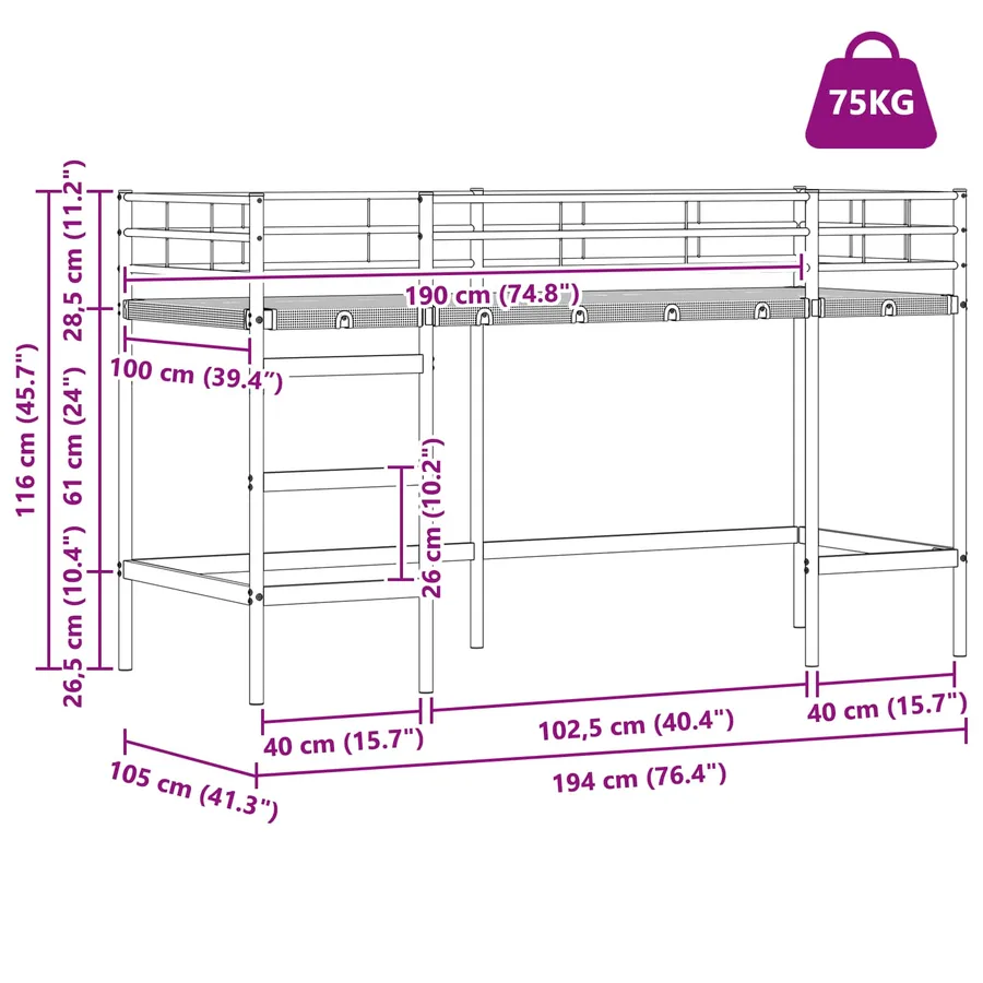 Lit mezzanine pour enfants Uni Blanc 100 x 190 cm Acier - 11