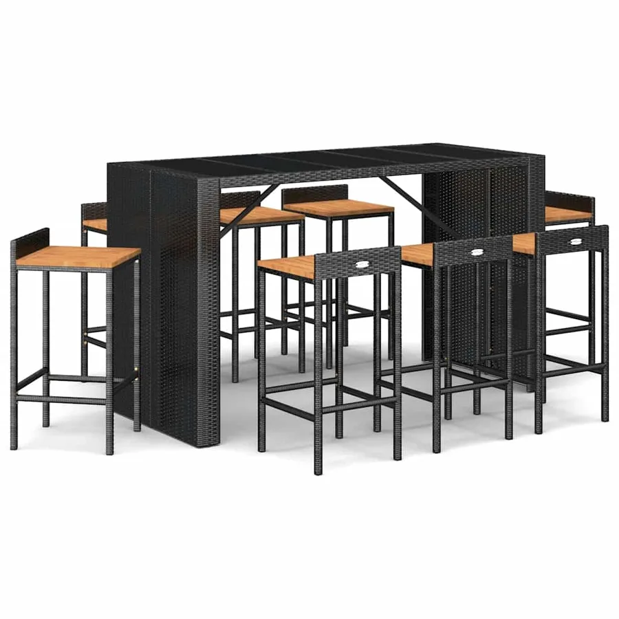 Ensemble de bar jardin 9 pcs noir poly rotin/bois massif acacia - 2