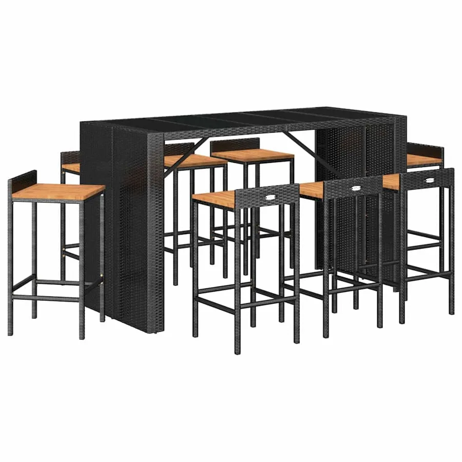 Ensemble de bar jardin 9 pcs noir poly rotin/bois massif acacia - 3