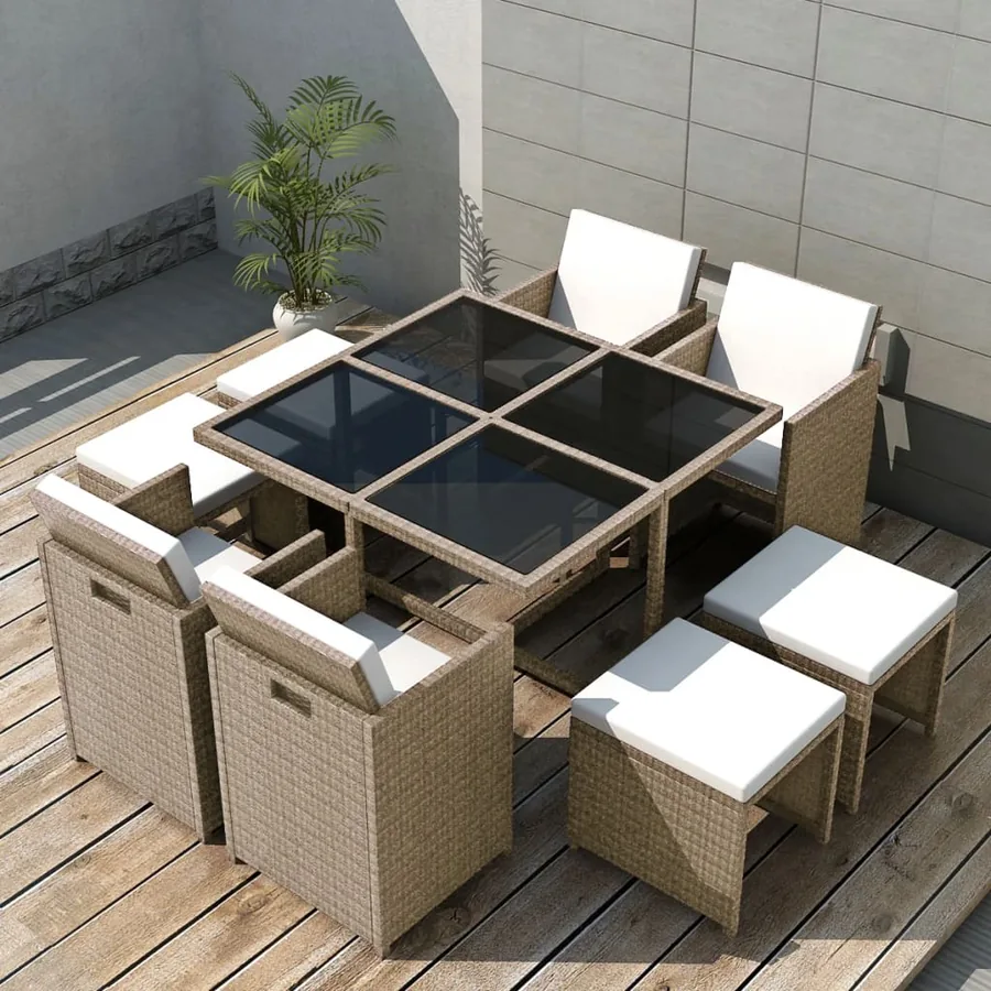 Ensemble à manger d'extérieur et coussins 9 pcs résine tressée