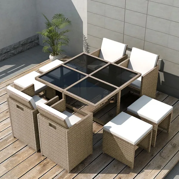 Ensemble à manger d'extérieur et coussins 9 pcs résine tressée