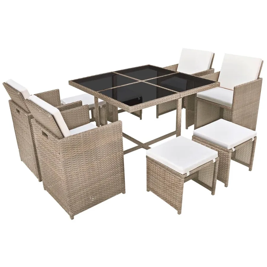Ensemble à manger d'extérieur et coussins 9 pcs résine tressée - 2