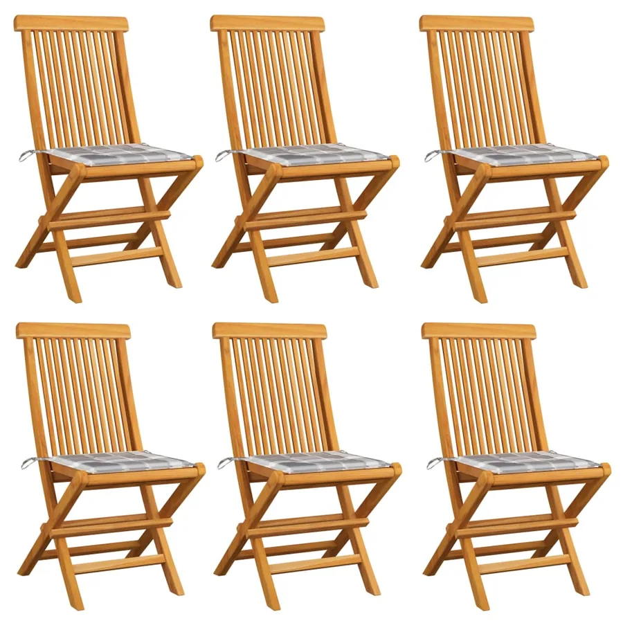 Chaises de jardin coussins à carreaux gris lot de 6 Teck massif
