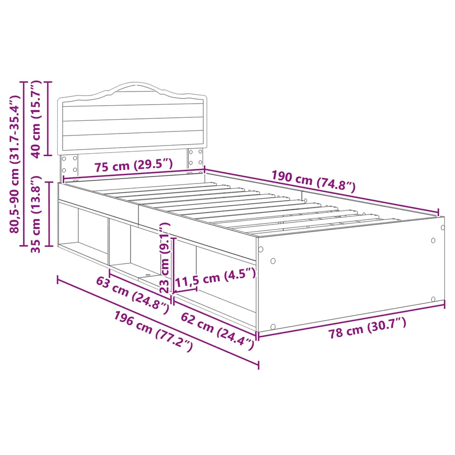 Cadre de lit Blanc 75 x 190 cm Bois de pin massif - 13