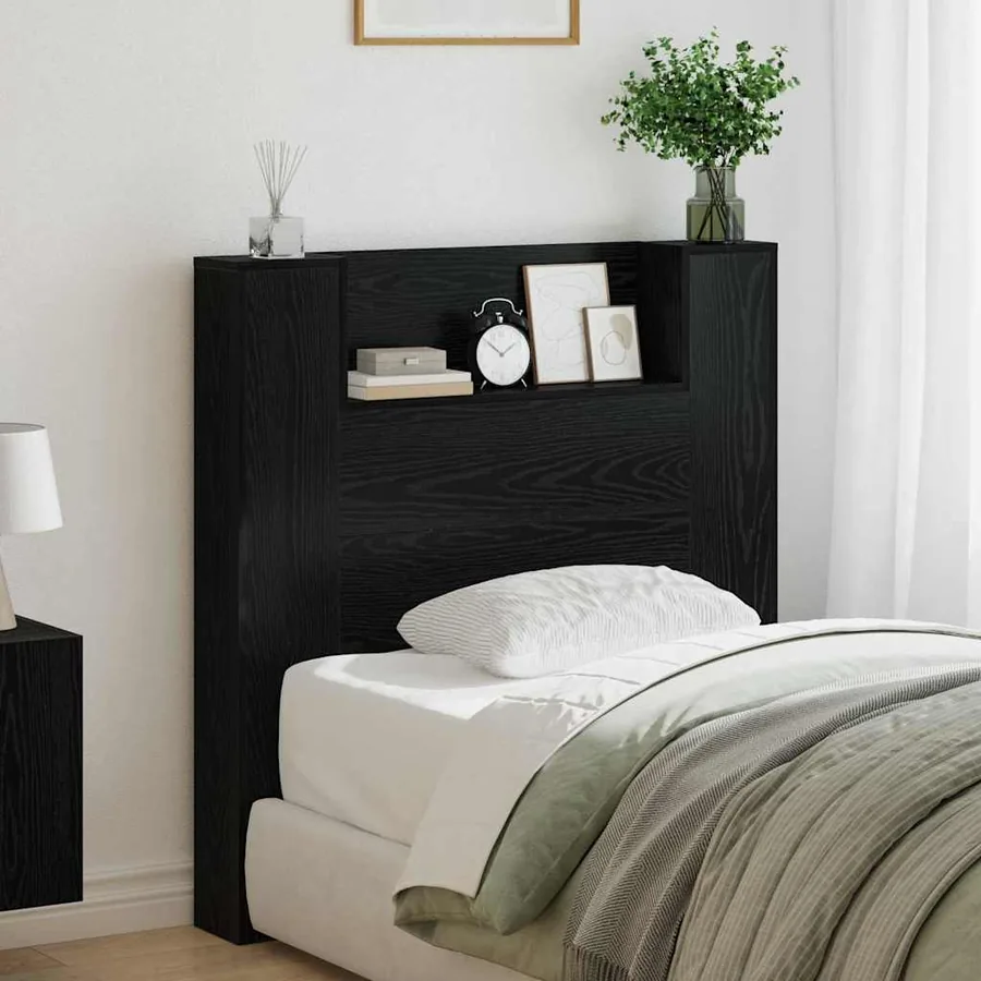 Tête de lit de rangement avec LED Chêne noir Bois d'ingénierie