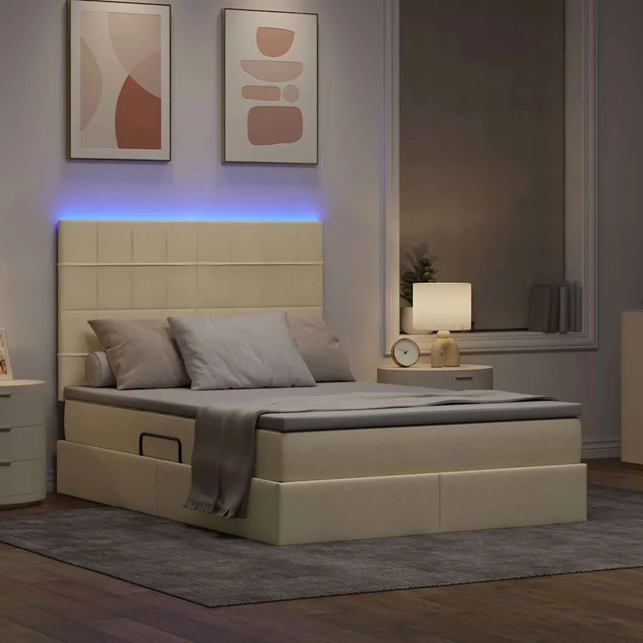 Lit de rangement LED avec matelas Crème 140 x 200 cm Tissu - 5