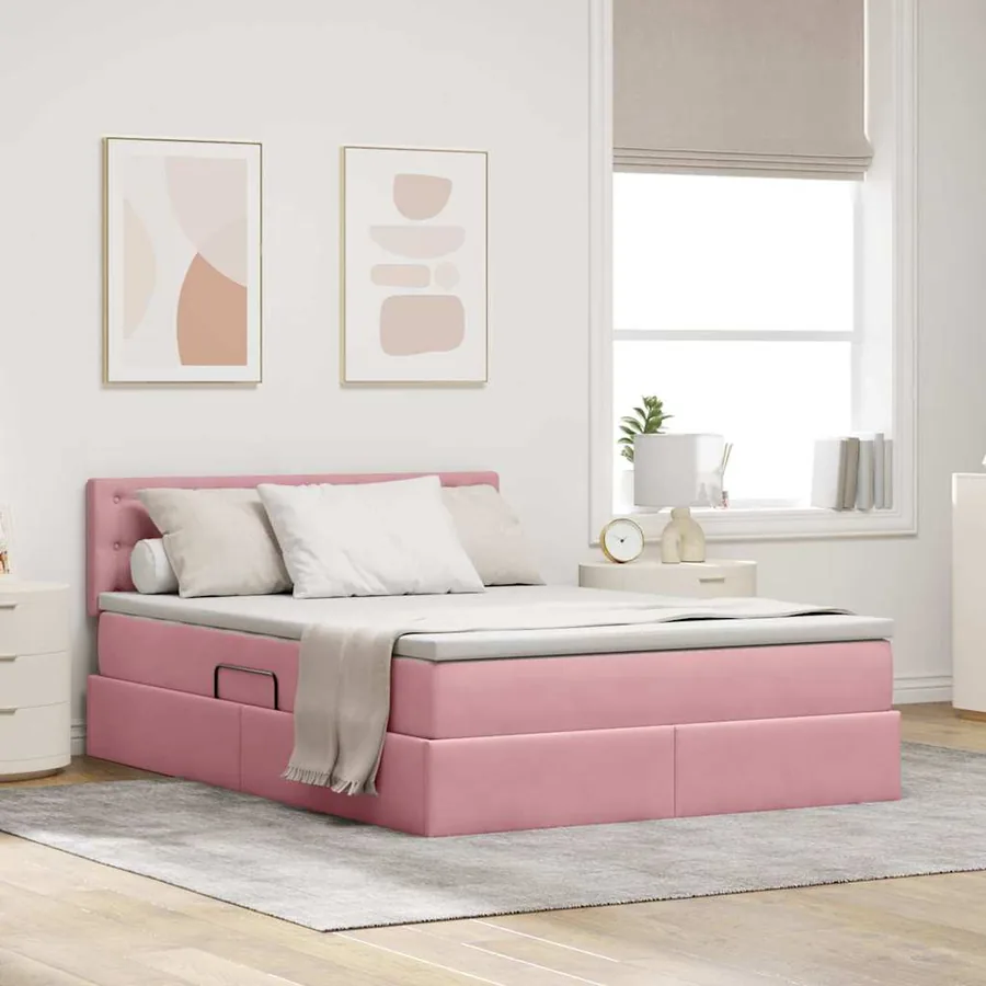 Lit de rangement LED avec matelas Rose 140 x 200 cm Velours