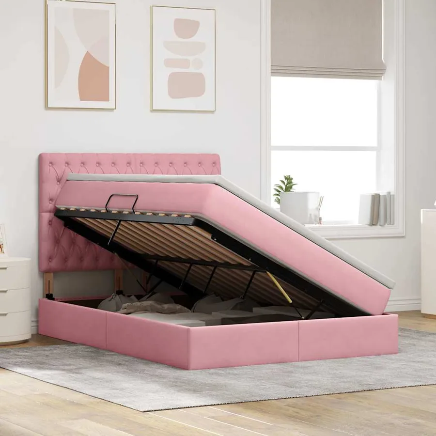Lit de rangement LED avec matelas Rose 140 x 200 cm Velours - 4