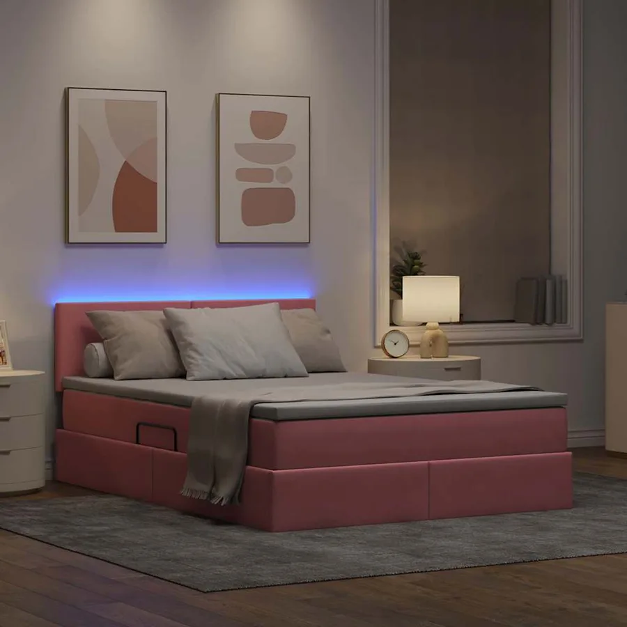 Lit de rangement LED avec matelas Rose 140 x 200 cm Velours - 5