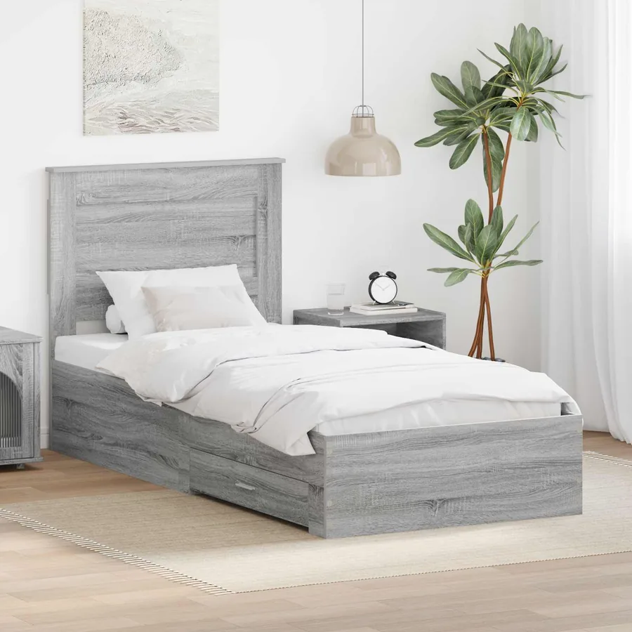 Cadre de lit avec tiroir Sonoma Gris et Argent 75 x 190 cm