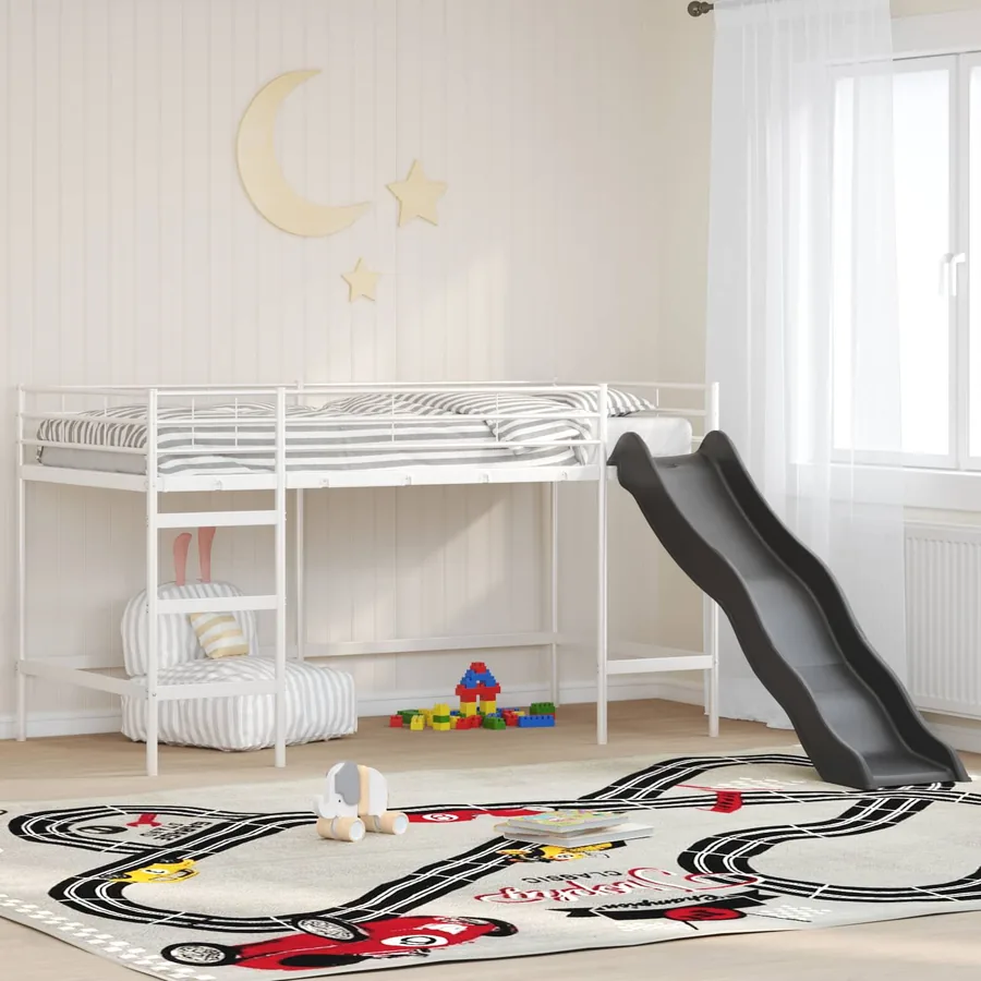 Lit superposé pour enfants avec toboggan Blanc et anthracite