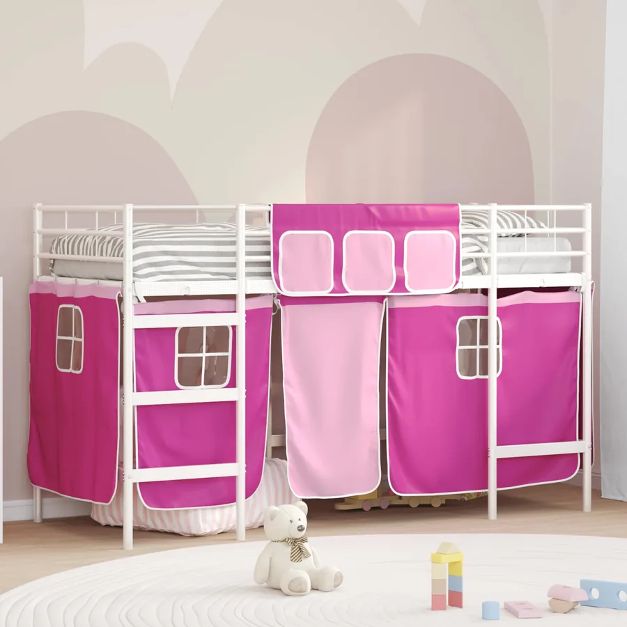 Cadre de Lit Mezzanine pour Enfants avec Rideaux Blanc et rose
