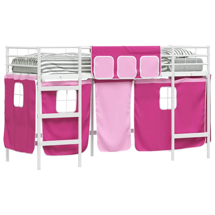 Cadre de Lit Mezzanine pour Enfants avec Rideaux Blanc et rose - 2
